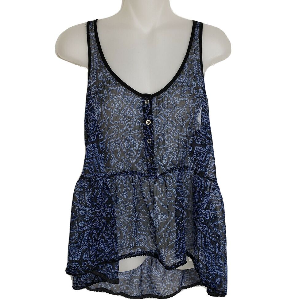 ECOTE Womens Tank Top Size Small Blue Black Print Racerback Sheer Peplum Hi Low
